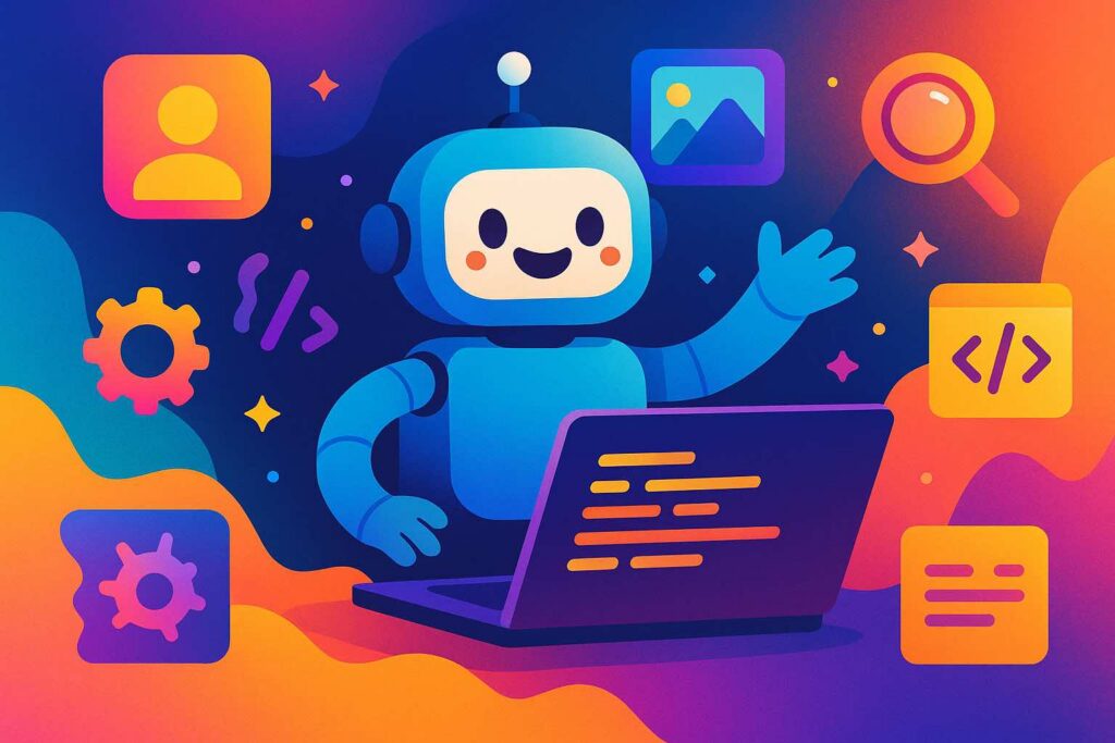 Colorful illustration of a friendly AI robot building apps surrounded by icons and code symbols—representing Lovable 2.0's AgentMode feature.
