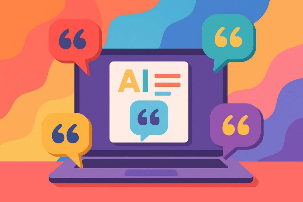 Colorful illustration of a laptop surrounded by motivational quote icons, representing an AI-powered quote generator