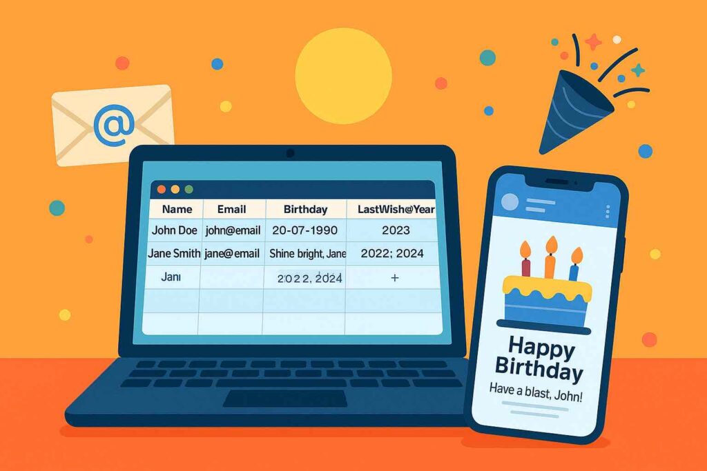 Colorful illustration of a laptop displaying a birthday tracking Excel sheet and a smartphone showing a birthday email with a cake and festive icons