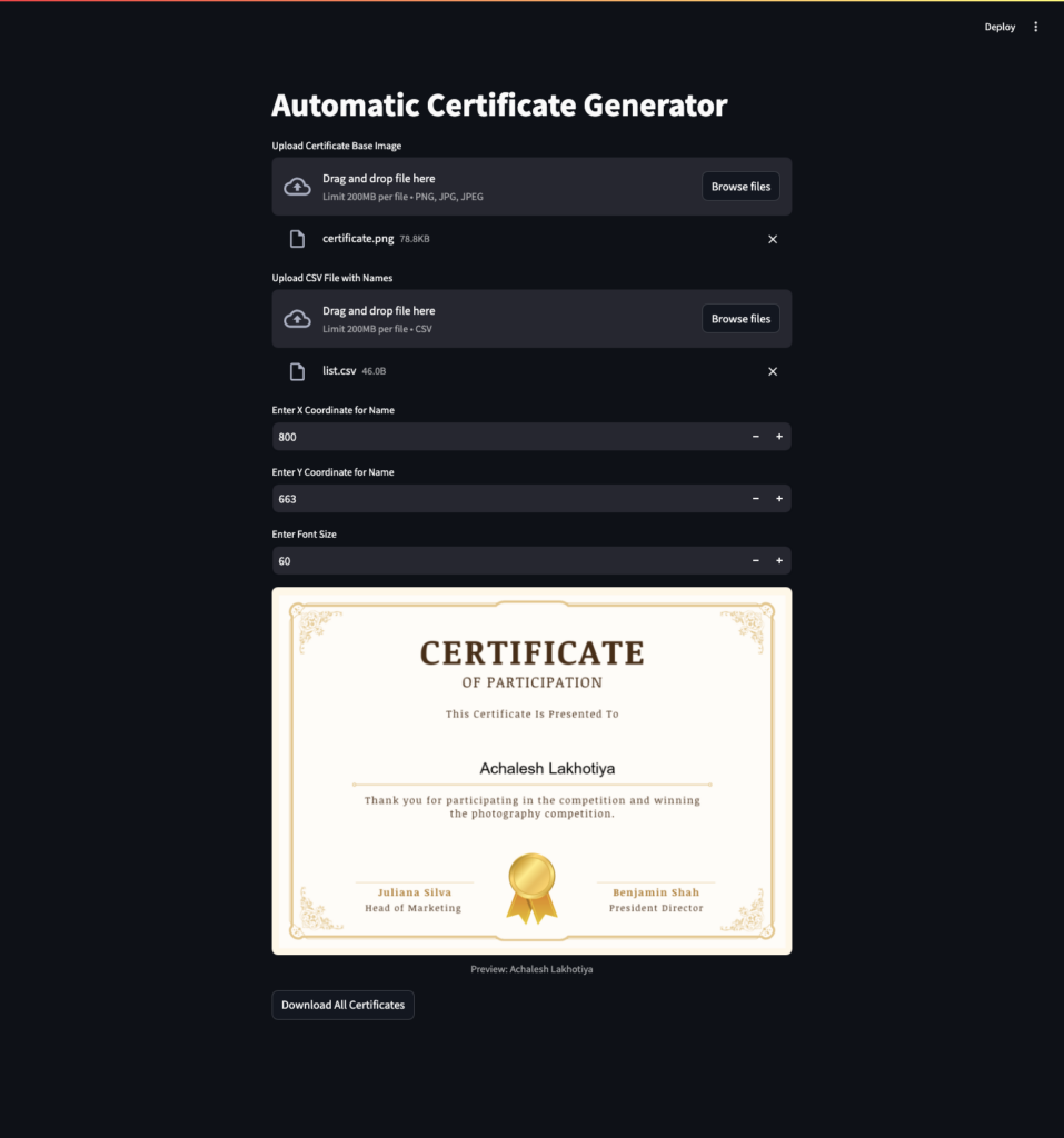 automatic certificate generator app screenshot