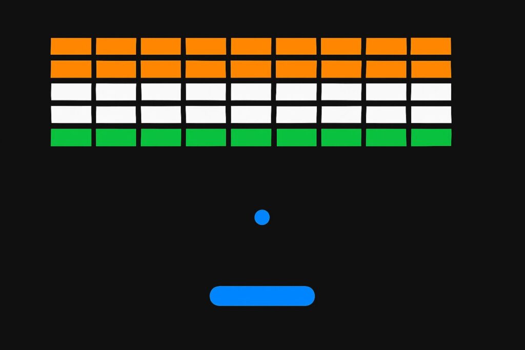 Colorful retro-style brick breaker game interface with paddle, ball, and rows of orange, white, and green bricks on a black background.