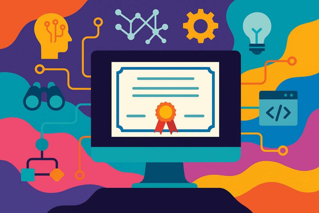 Colorful digital illustration of a certificate displayed on a computer screen, surrounded by icons representing automation, coding, and technology.