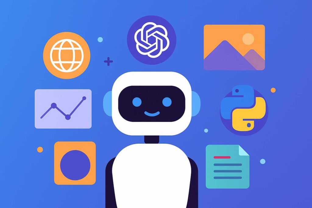 Colorful illustration of a chatbot with AI and programming icons representing ChatGPT Agent Mode