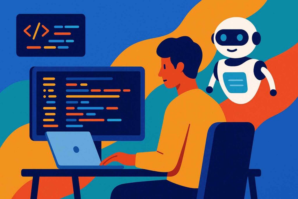 Illustration of a developer coding with a friendly AI assistant in a colorful environment, representing Claude Code by Anthropic