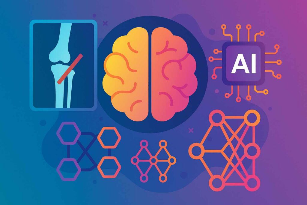 Colorful digital illustration of AI brain, X-ray bone fracture, neural networks, and microchip, symbolizing AI-based fracture detection