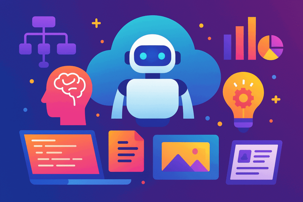 Colorful digital illustration of a robot surrounded by AI tools, brain icons, charts, and code, representing generative AI learning and innovation in 2025