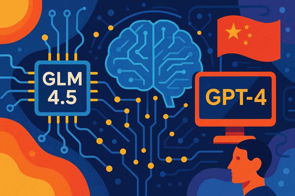 Colorful digital illustration comparing China’s GLM 4.5 agentic AI chip and GPT-4 with neural circuits and Chinese flag in the background