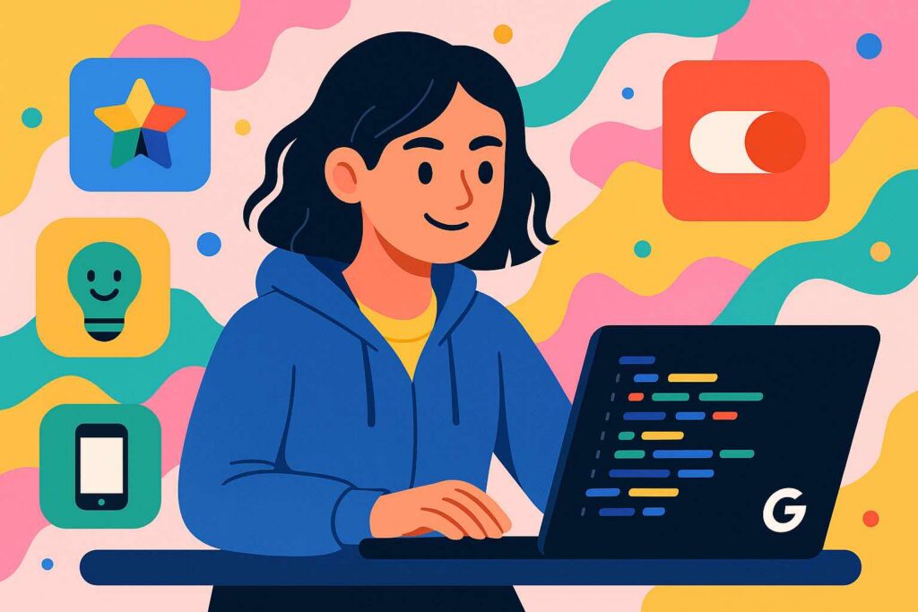 Illustration of a happy young coder using Google Opal AI app surrounded by colorful app icons and abstract shapes