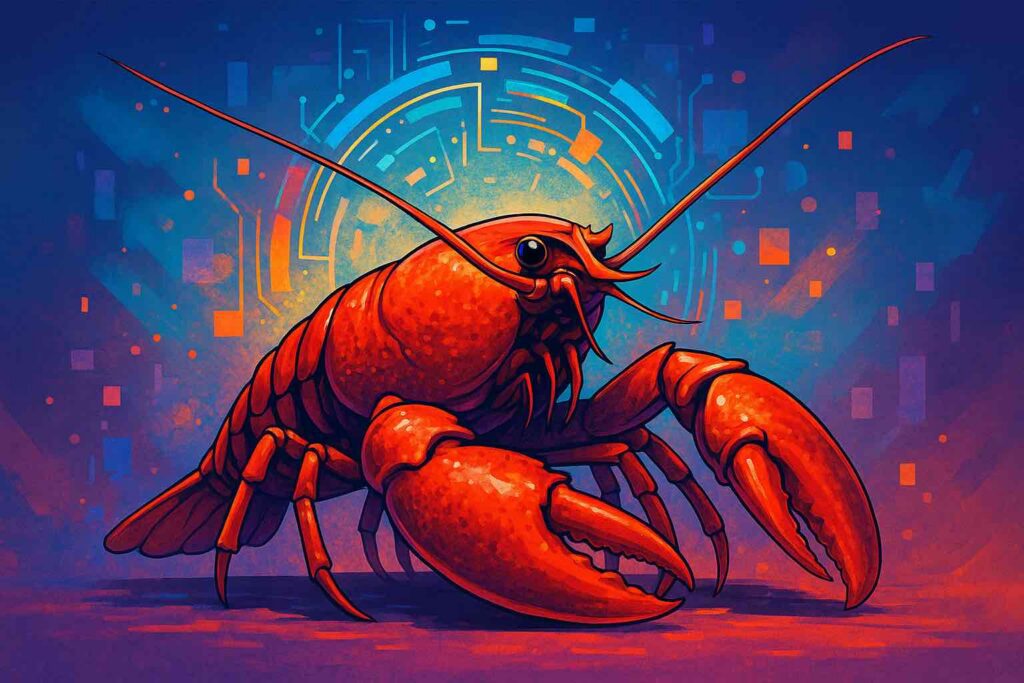 Colorful digital illustration of a red lobster symbolizing GPT-5 AI, with a futuristic circuit background