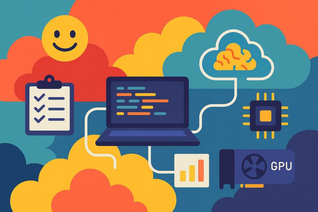 Colorful illustration showing cloud-based ML tasks using Hugging Face Jobs with laptop, GPU, cloud, and AI icons