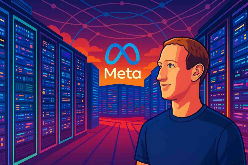 Futuristic illustration of Meta AI superclusters with colorful server racks and a digital network background