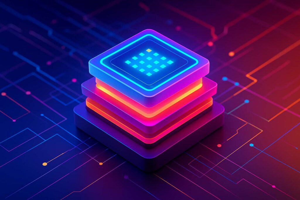 Futuristic abstract rendering of a glowing AI microchip representing NEMOtron Super v1.5’s model architecture