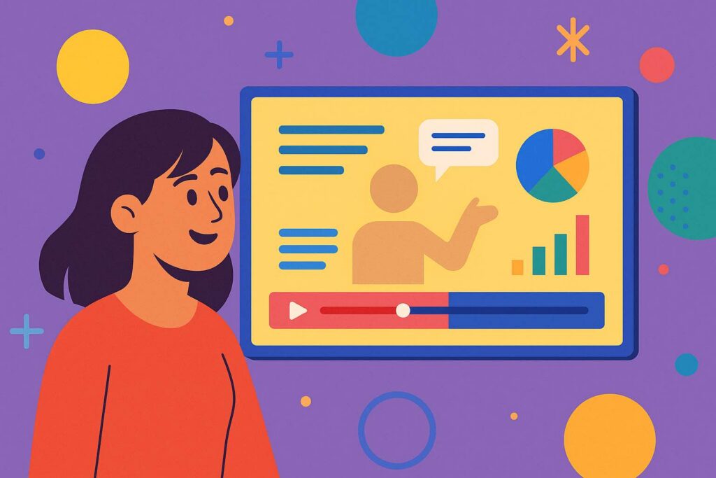 Colorful 2D illustration of a young woman watching an AI-generated educational video with charts and text on screen, representing NotebookLM Video Overviews.