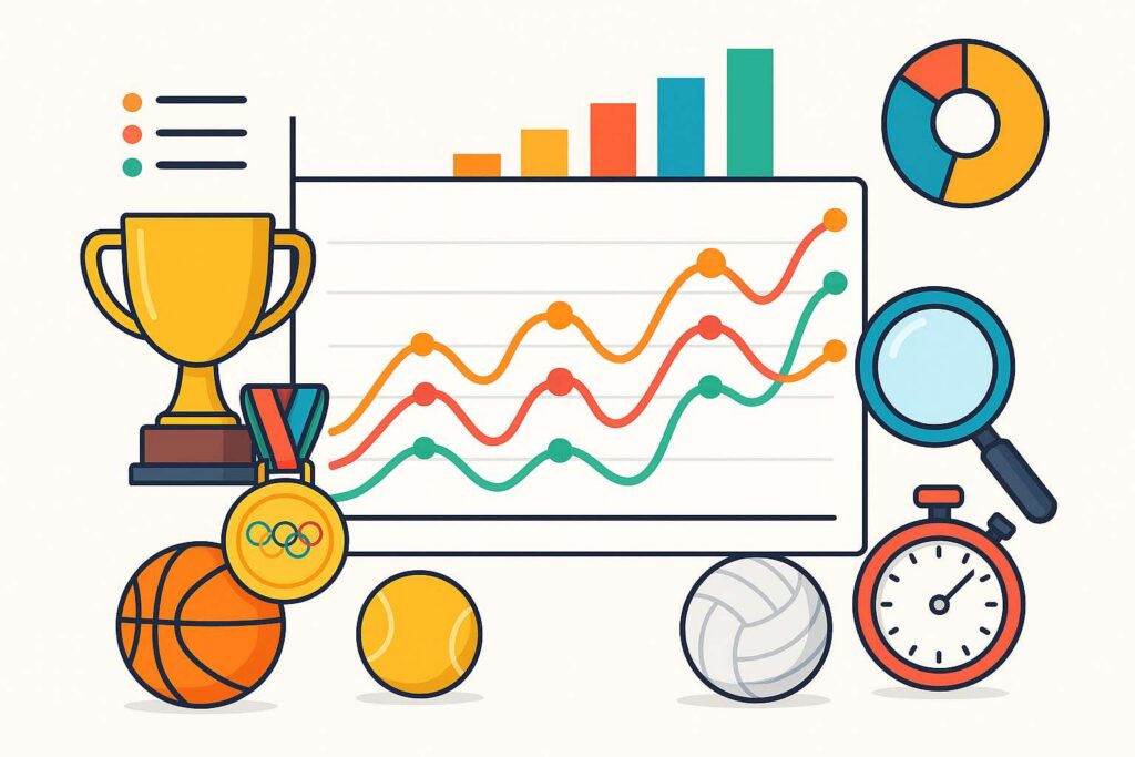 A colorful data visualization of Olympic medal trends with medals, graphs, and sports equipment, representing Python data analysis.