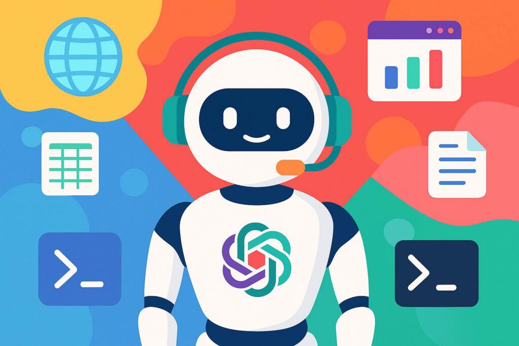 Illustration of a colorful AI assistant robot surrounded by icons representing browser, spreadsheet, code, and document tools