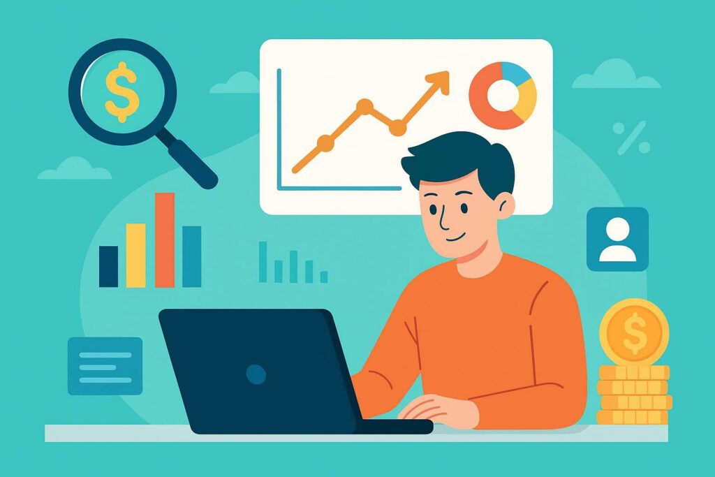 Illustration of a person using a laptop with income graphs and data charts to predict salary using Python and machine learning