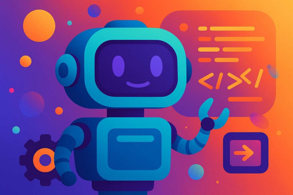 Colorful digital illustration of a friendly AI robot generating code