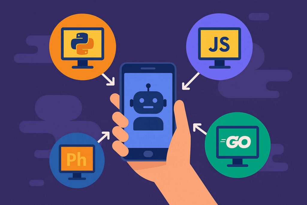 Illustration of a mobile AI agent connected to Python, JavaScript, and Go environments via RunAgents platform