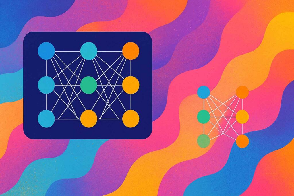 Colorful abstract illustration of two neural network diagrams representing GPT-OSS 120B and 20B AI models
